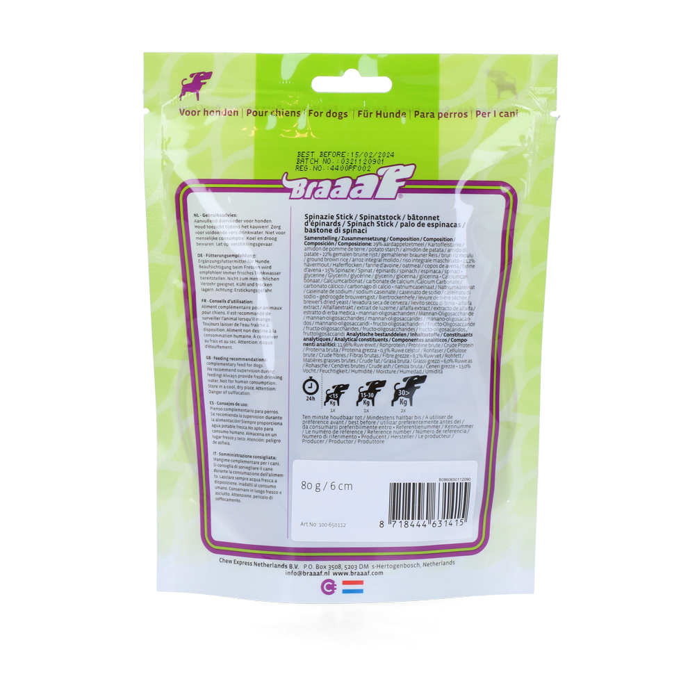 Braaaf Vegan Snack Spinat Stick - 6 cm